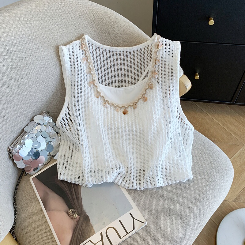 Bohemian Style U-Neck Hollow-Out Sleeveless Vest for Women, Summer 2026 New Style, Petite Faux Two-Piece Short Top Bohemian Style U-Neck Hollow-Out Sleeveless Vest for Women, Summer 2026 New Style, Petite Faux Two-Piece Short Top