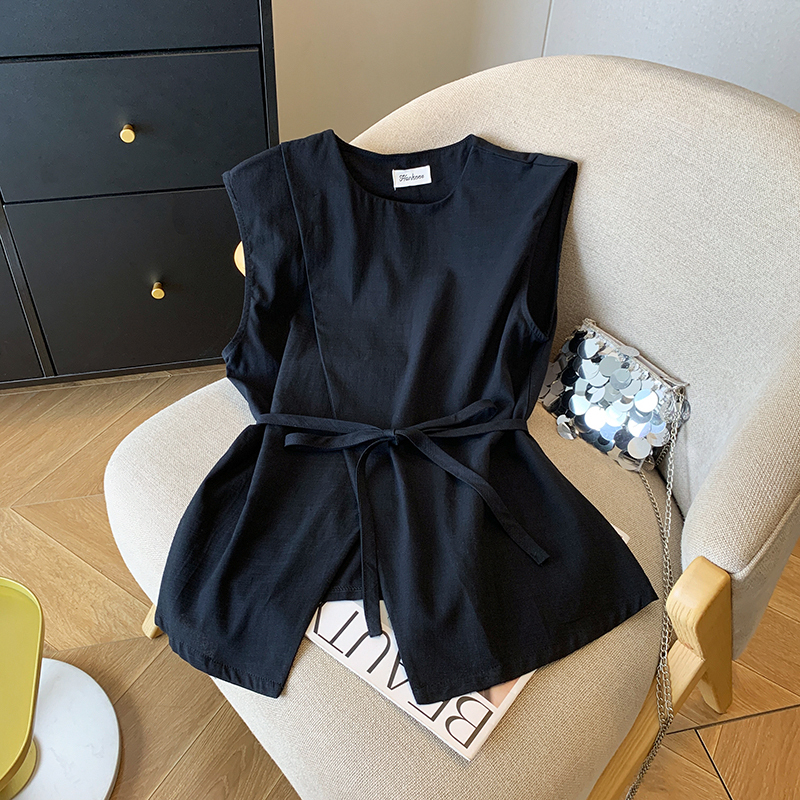 Korean Style Elegant Black Lace-Up Sleeveless Vest Shirt for Women, Summer Design with Unique Style, Tummy-Covering, Loose Fit with Slit