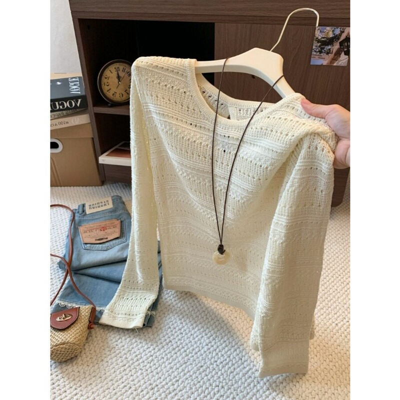 French-Style Lazy Sweater with Round Neck, Hollow-Out Long Sleeves, Knitted Top for Women, 2026 Autumn New Loose Fit, Slimming and Versatile Top French-Style Lazy Sweater with Round Neck, Hollow-Out Long Sleeves, Knitted Top for Women, 2026 Autumn New Loose Fit, Slimming and Versatile Top