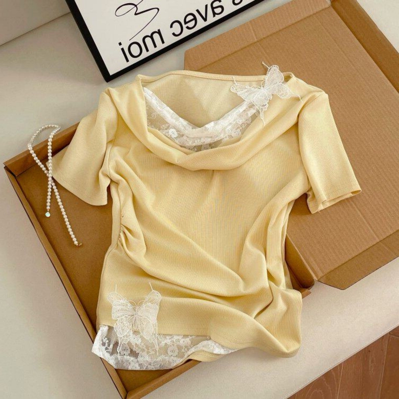 French-Style Lace Butterfly Ruffle Collar Short-Sleeve T-Shirt for Women, 2026 Summer New Style, Soft and Comfortable Slim-Fit Top