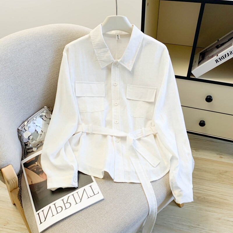 Korean-Style Fashionable Design Double-Pocket Long-Sleeve Shirt for Women, Spring 2026 New Model, Tie-Waist Slimming Top, Trendy