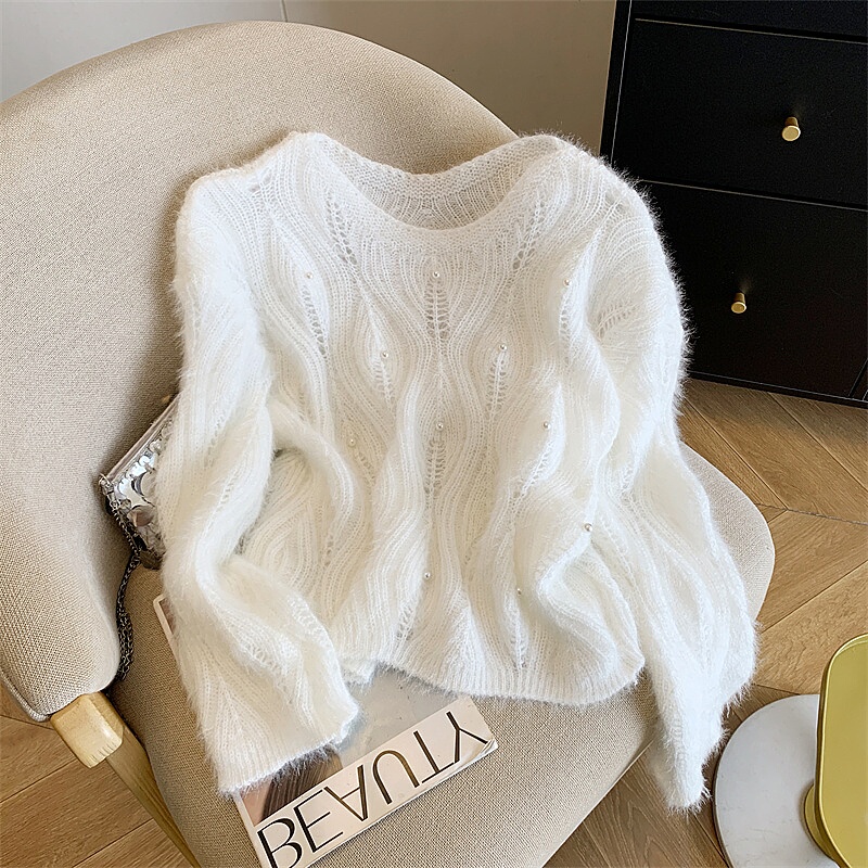 Beautiful Mohair White Hollow-Out Beaded Sweater for Women, Autumn and Winter, Lazy Style, Soft and Delicate, Versatile Casual Knitwear