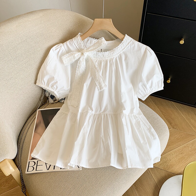 High-End Brand Lace Bow Tie Shirt for Women, Summer French Style, Age-Reducing Babydoll Short-Sleeve Top