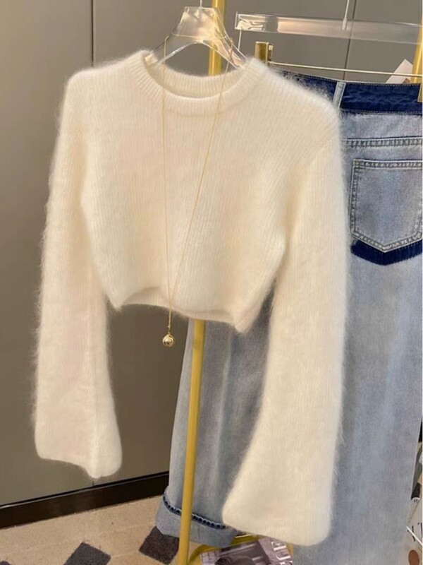 First-Line Brand Cut-Label Luxury Foreign Trade Soft Mink Cashmere Sweater for Women, Autumn and Winter, Petite Short Knit Top
