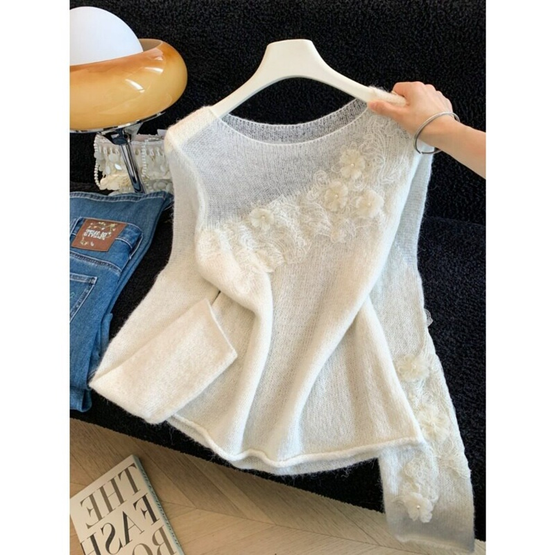 Korean-Style Gentle Style Three-Dimensional Floral Long-Sleeve Knit Sweater for Women, 2026 Autumn New Model, Off-Shoulder, Lightweight, Slightly Sheer Sweater Korean-Style Gentle Style Three-Dimensional Floral Long-Sleeve Knit Sweater for Women, 2026 Autumn New Model, Off-Shoulder, Lightweight, Slightly Sheer Sweater