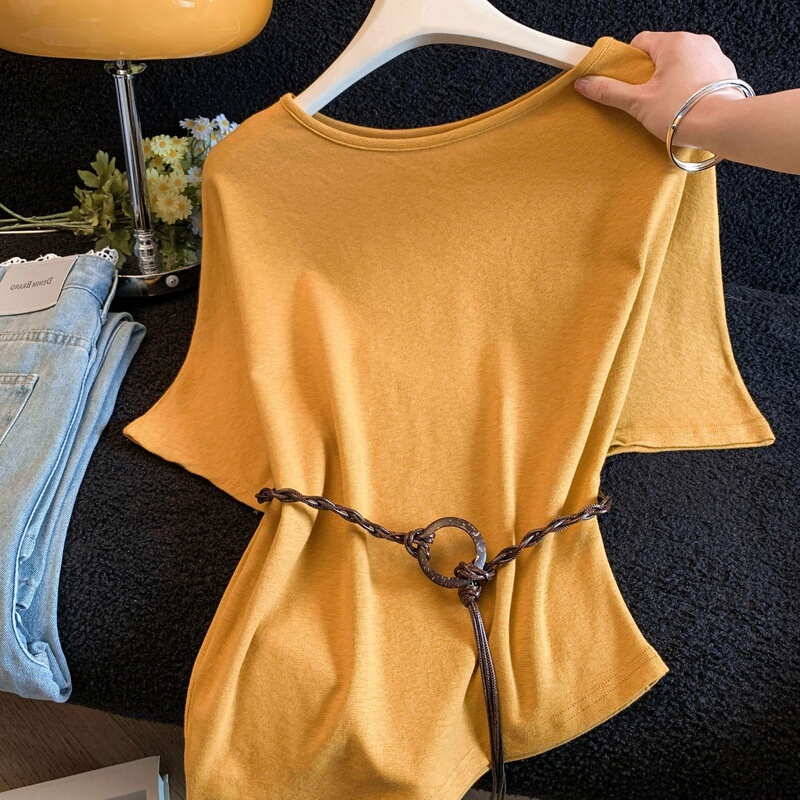 Korean Style Casual Irregular Batwing Sleeve Off-Shoulder Short-Sleeve T-Shirt for Women, New Summer Model, Waist-Cinching and Slimming with Belt Top