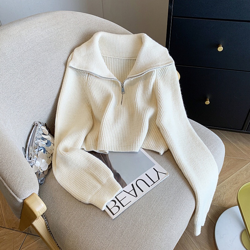 High-End Brand Clearance Women's Korean Style Zip-Up Knit Sweater, New Autumn and Winter Short Cardigan with a Turn-Down Collar