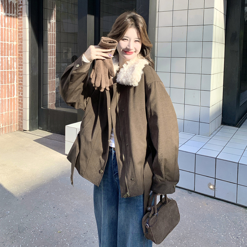 Lamb Wool Lapel White Duck down Parka for Women, New Winter Style, Petite Thickened Workwear Korean Style Waist-Cinching Coat