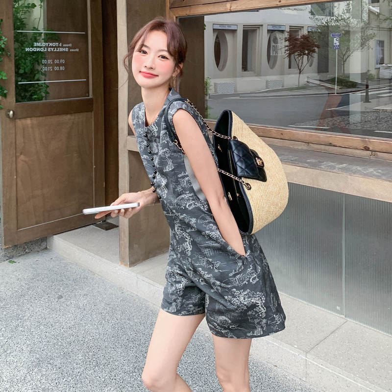 Light Mature Style Retro Print New Chinese Style Sleeveless Jumpsuit for Women, Summer New Model for Petite Figures, Casual Slimming Jumpsuit Trendy