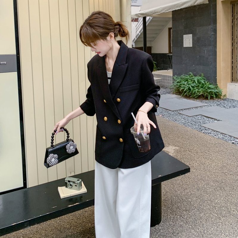 Black High-End Sophisticated Style Double-Breasted Elegant Blazer for Women, New Autumn Style, Petite Casual Slimming Suit Jacket