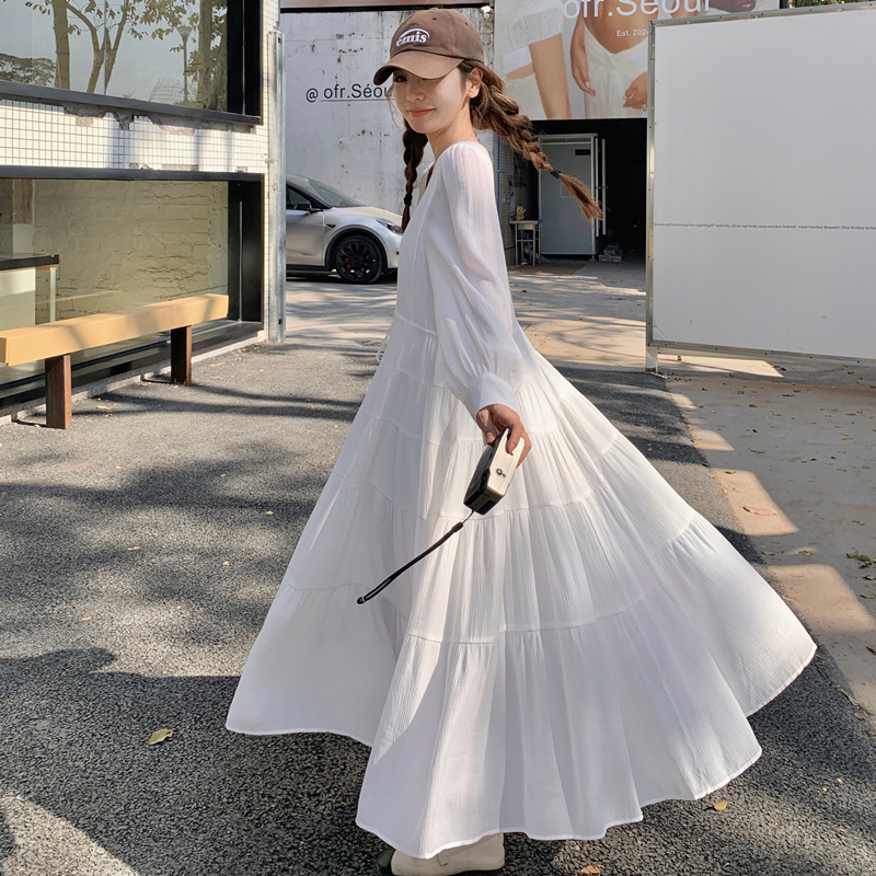 White Fairy-Like Seaside Resort Style Long Dress for Women, New Spring and Autumn Model, Waist-Cinching, Slimming, Elegant, Gentle French-Style Dress