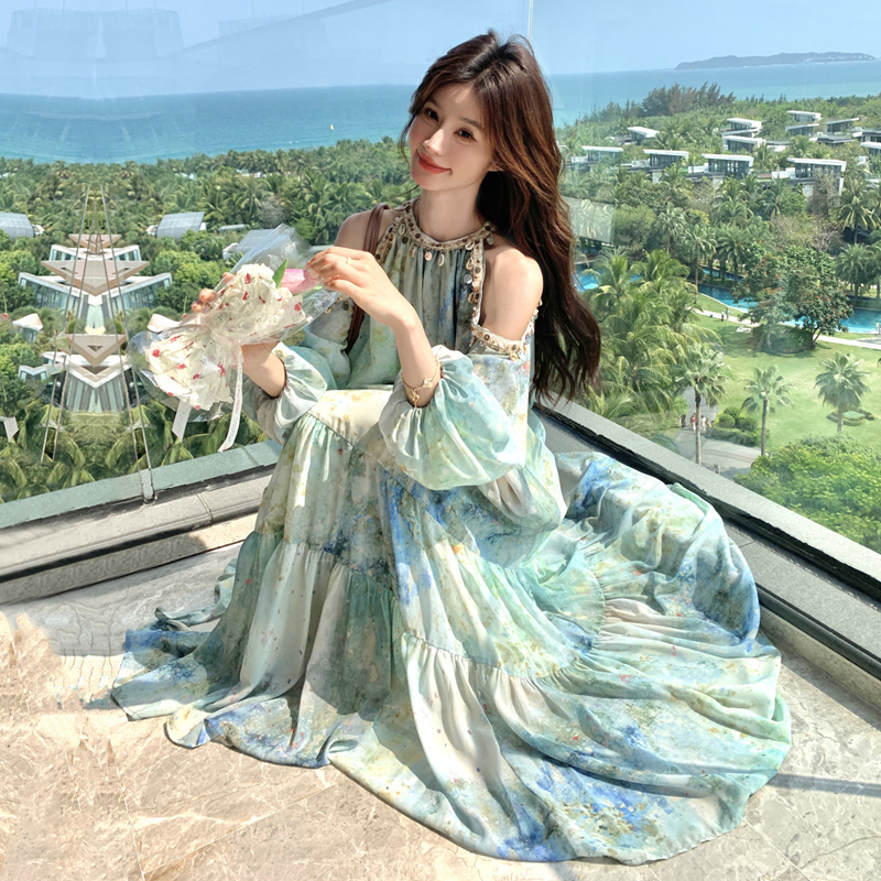 The Wizard of oz Starry Sky Romantic Print Chiffon Off-Shoulder Halter Neck Long Dress New High-End Large Swing Dress Summer