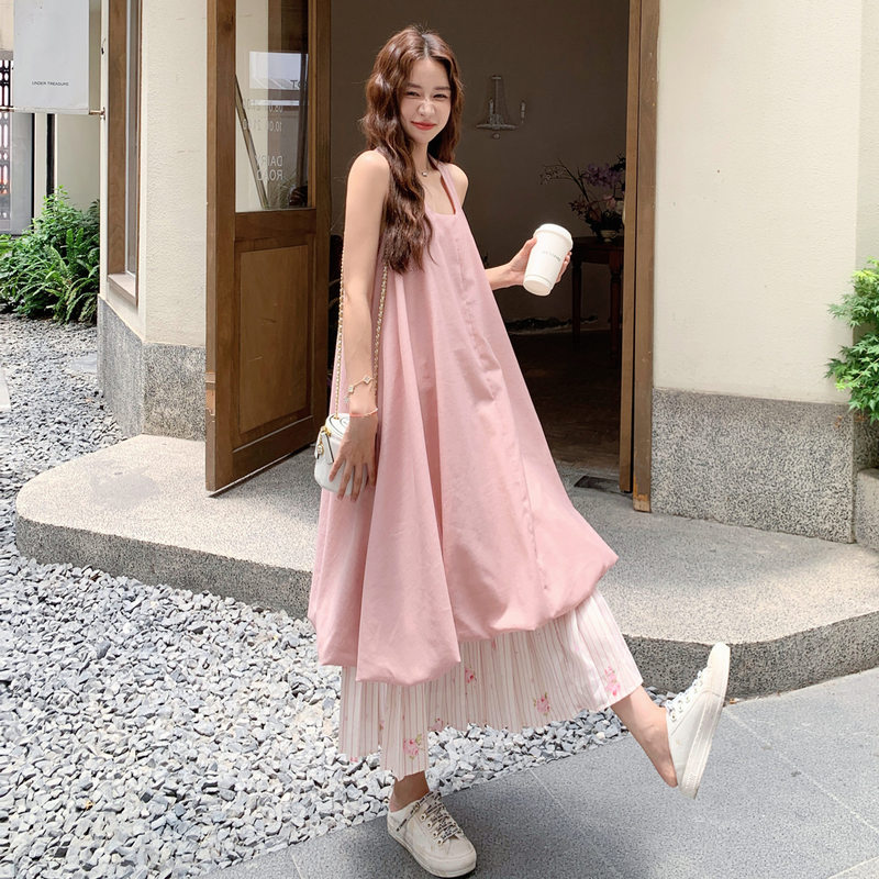 Pink Design, Sweet and Age-Reducing, Flower Bud Puffy Dress, Women's New Summer Style, Gentle Style, Elegant Vest Long Skirt