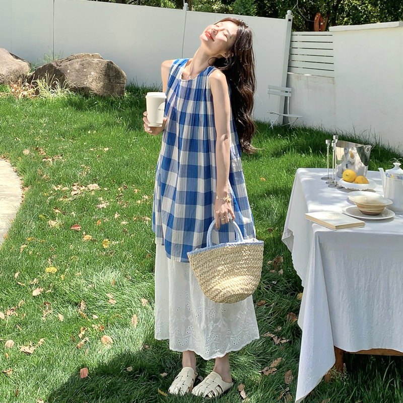 Blue Plaid Vest Dress, White Lace Skirt, New Summer Style, Sweet and Age-Reducing Two-Piece Dress for Women