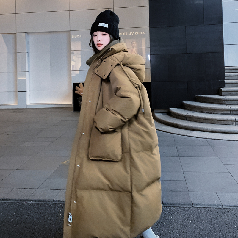 Loose-Fitting Couple's Hooded 90% White Duck down Jacket for Women, New Winter Long Style, Over-The-Knee Thickened Puffer Coat