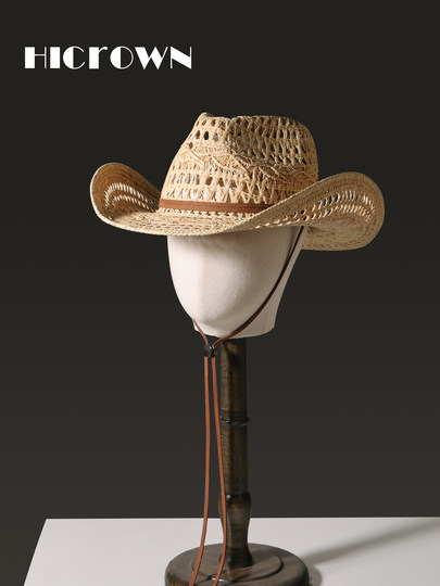 Versatile Straw Hat for Summer Outings, Rolled Brim, Wide Brim, Hollowed Out, Vacation Sunshade, Breathable, Western Cowboy Style, Fashionable