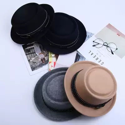 Autumn and winter New Top Hat female curly side flat top wool felt hat and fedora retro concave shape Street Photo Fashion men and women belt