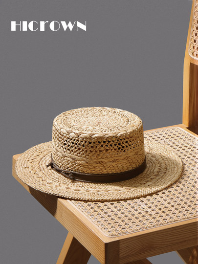 Summer new style men and women Lafite-Hotted Hand-woven Flat Top Hat Wide Band Sunshade Sun Protection Vacation French Beach