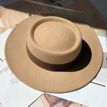 Autumn and winter new womens flat top wide-brimmed hat Wool hat topper Felt hat British hat tide quality concave shape multi-color