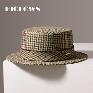 New Autumn and Winter Houndstooth Wool Flat-Top Hat for Men and Women, Vintage British Style Flat-Brimmed Gentleman's Hat, Old Money Style