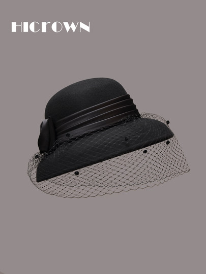 Autumn and winter new black woolen hat for women French retro mesh rabbit velvet beanie veil Hepburn basin hat