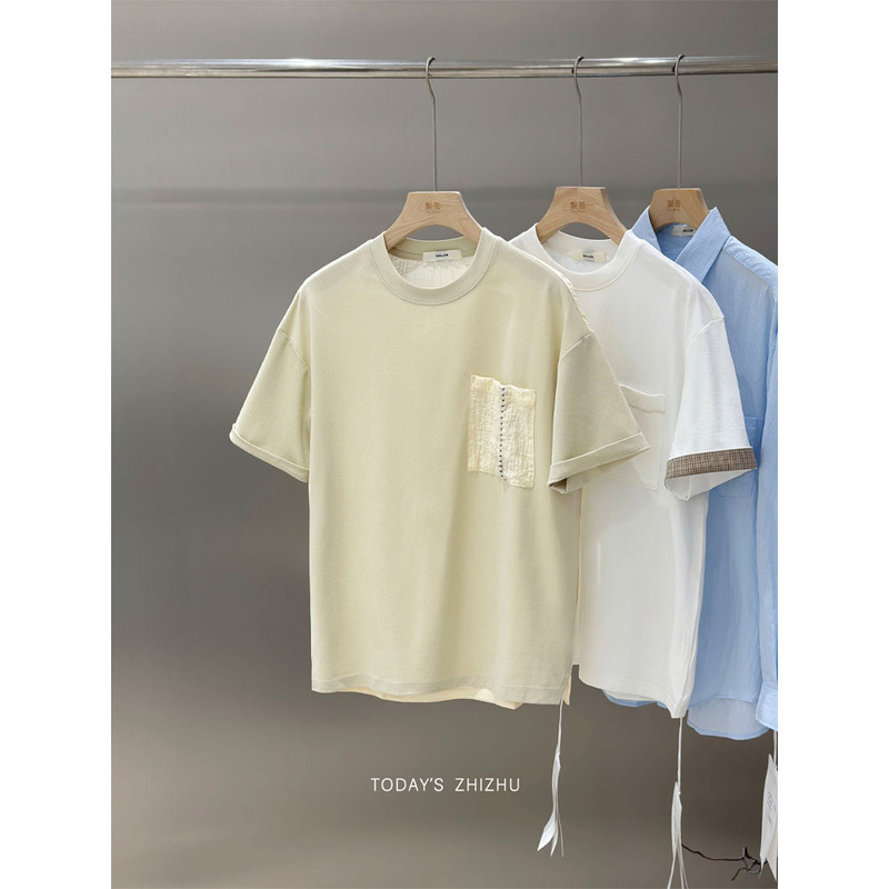 Men's Simple and High-End Spliced Bubble Gauze Round Neck Short-Sleeved T-Shirt T26198