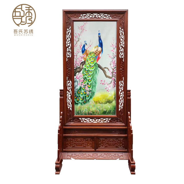 Suzhou embroidery double-sided embroidery ພື້ນເຮືອນຢືນສີແດງເພີ່ມຂຶ້ນ pear ຫນ້າຈໍເຂົ້າ partition ຊັ້ນຫນ້າຈໍທີ່ບໍລິສຸດ handmade ຫ້ອງນອນຫ້ອງການຫ້ອງການ