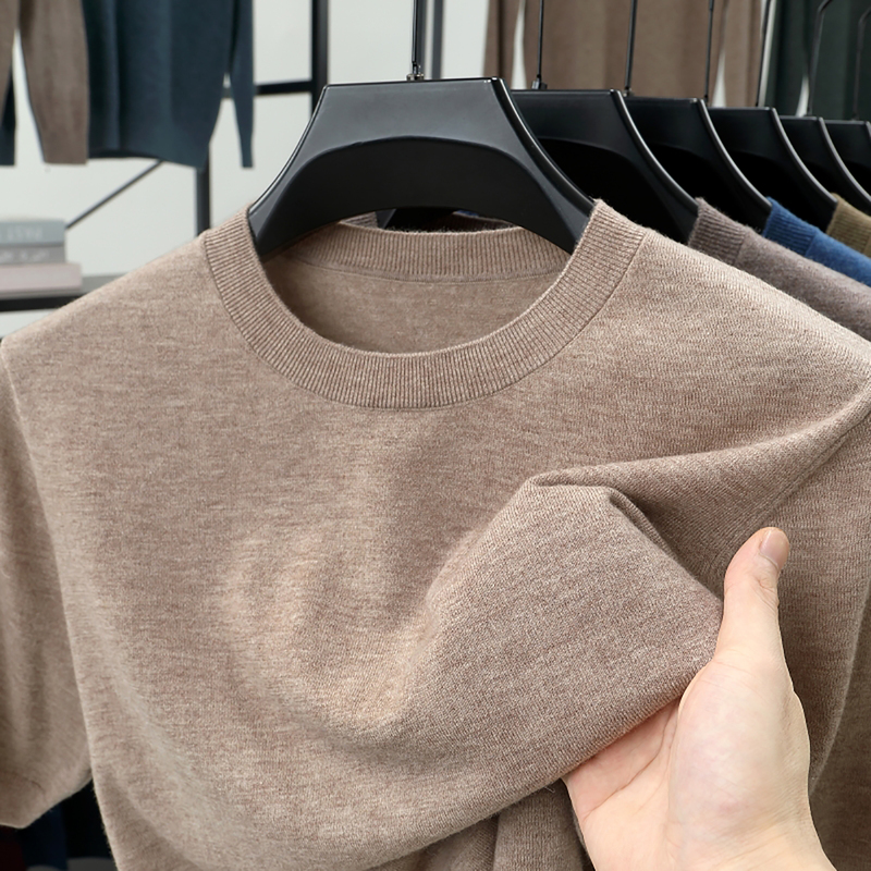 Spring and Autumn 100% Pure Wool Sweater for Men, Short-Sleeved, Thin, Round-Neck, Loose, Casual, Half-Sleeve Knit Base Shirt, Large Size