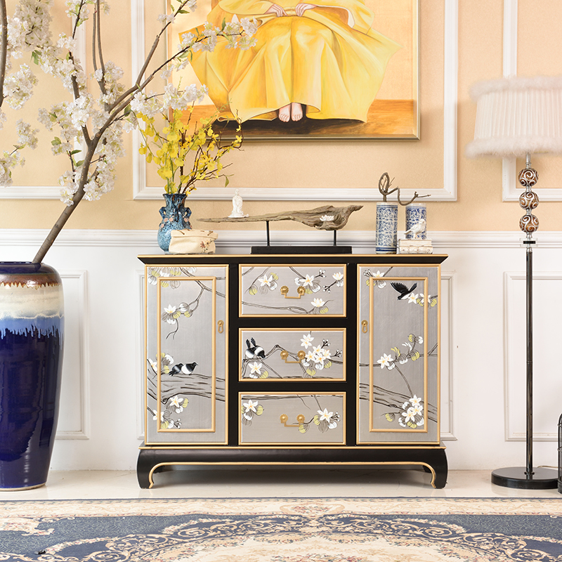 1 2 meters American new Chinese style flower and bird solid wood entrance hall cabinet living room decorative cabinet floor storage sideboard