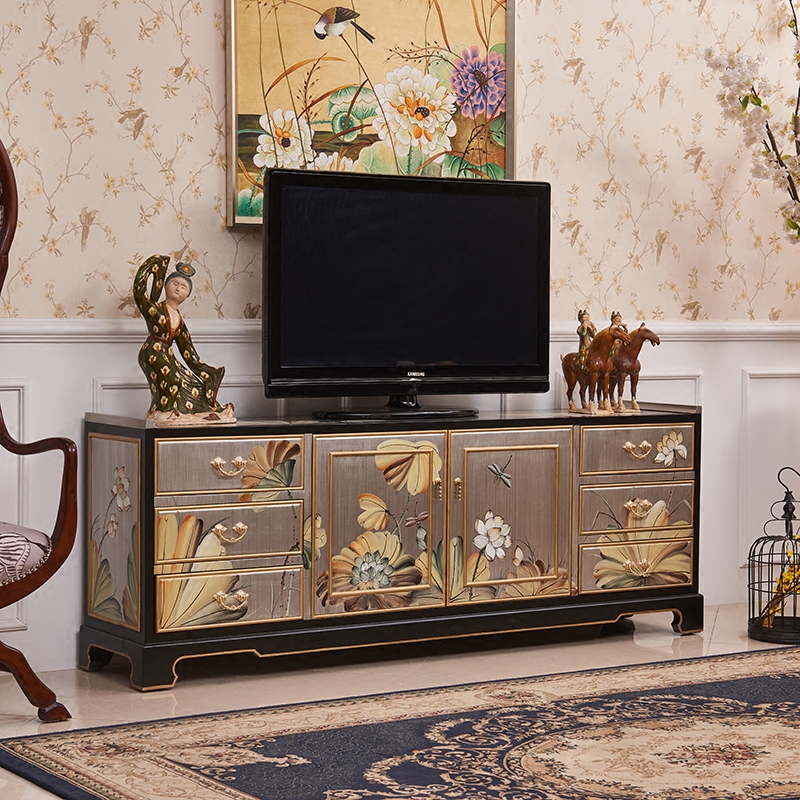 Painted lotus new Chinese high-end villa living room feng shui furniture two meters solid wood with drawers vertical TV floor cabinet
