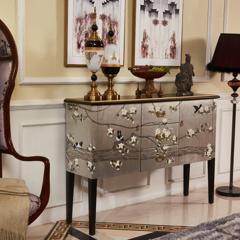 Painting Flowers and Birds New Chinese Entry Ultra-thin Solid Wood Shuttle Table Living Room Secondary Locker