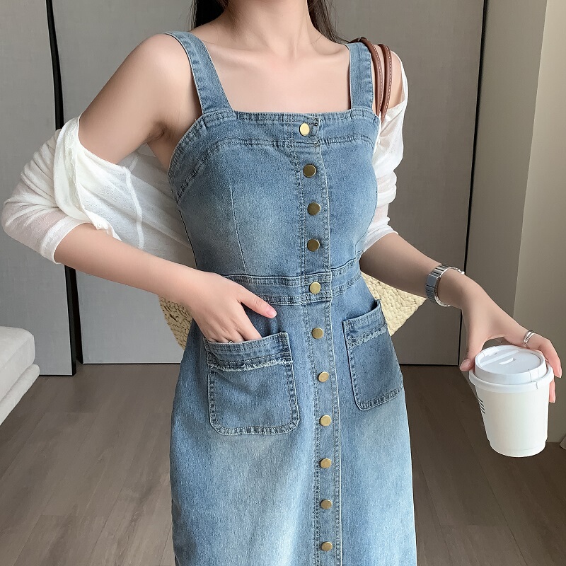 Plus-Size Vintage Tassel Denim Dress for Pear-Shaped Body, Long Skirt for Women, Summer Slimming Suspender Dress