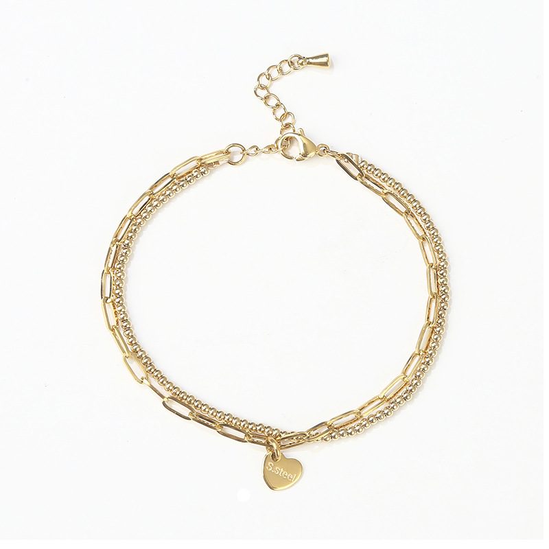 18K Gold Waterproof, Wear-Resistant, Non-Fading DIY Hand Jewelry Metal Steel Beads Paperclip Double-Layer Heart-Shaped Stainless Steel Bracelet