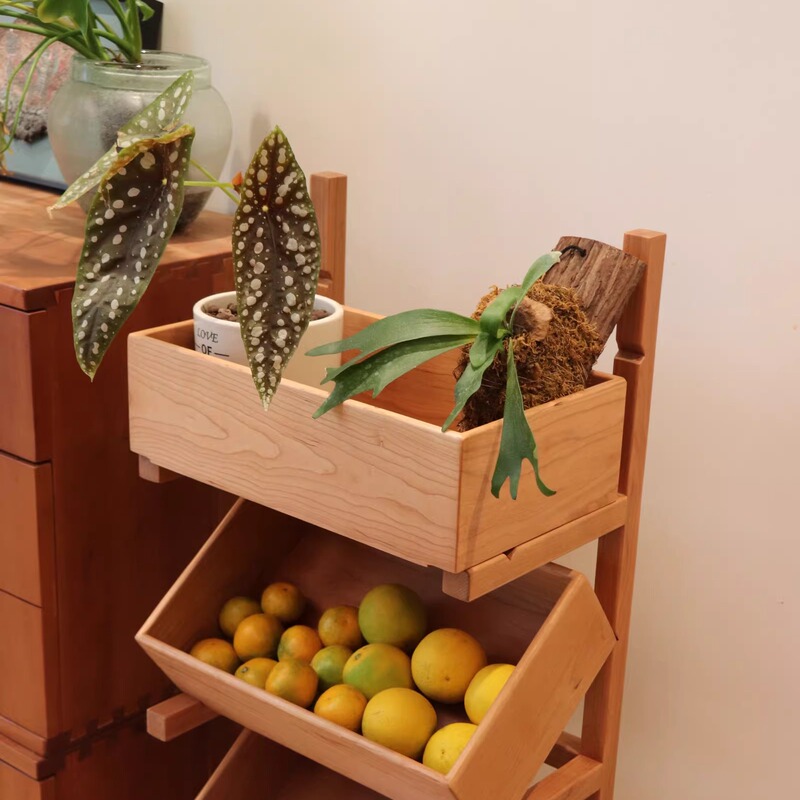 North American Cherry Wood Multi-Layer Floor-Standing Storage Rack for Snacks, Fruit, and Vegetables, Ready to Use Without Installation