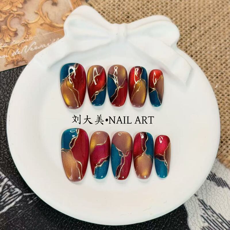 Liu Damei【Melting Color Stone】Hand-Painted Exquisite Personalized Contrasting Color Gilt Cat-Eye Brightening Commuter-Ready Finished Nail Art Liu Damei【Melting Color Stone】Hand-Painted Exquisite Personalized Contrasting Color Gilt Cat-Eye Brightening Commuter-Ready Finished Nail Art