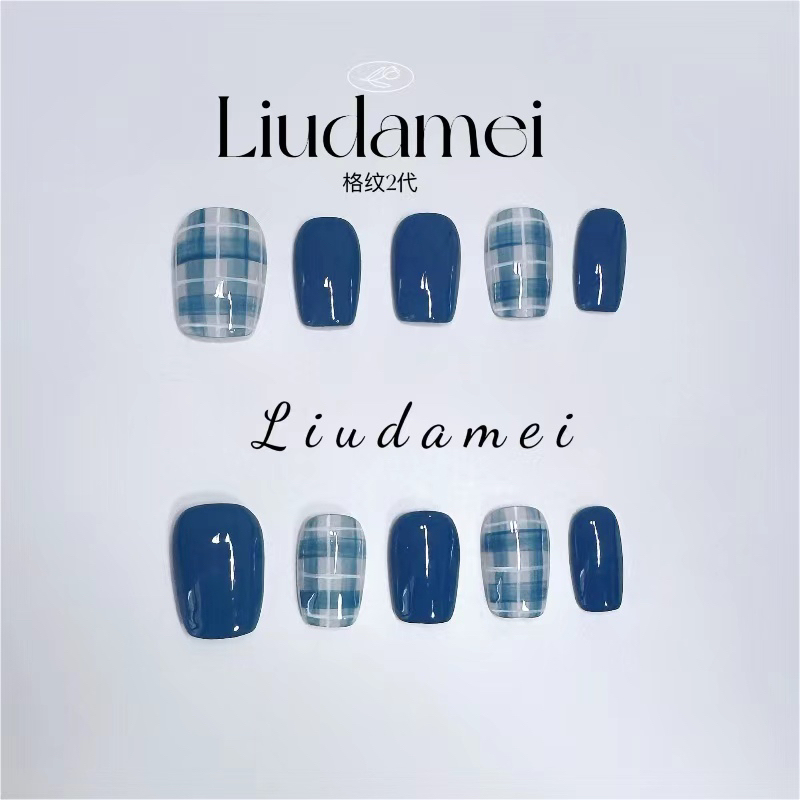 Liu Damei [Plaid Pattern 2Nd Generation] Hand-Painted Blue Plaid Pattern Brightening ins Style Pure Handmade Nail Tips Wearable Nail Art