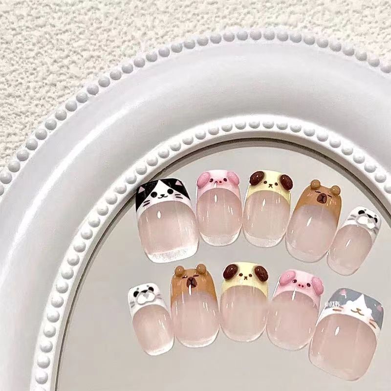 Cute Pet Nail Art for Kittens and Puppies, Nude Ice Transparent White Short Style Handmade Fake Nail Stickers