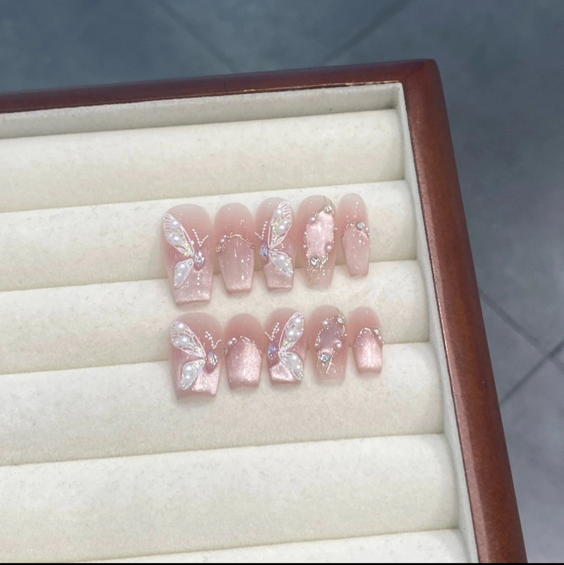ins Ice-Clear Pink Alice Aurora Butterfly Pearl Whitening Short Detachable Handmade Fake Nail Stickers