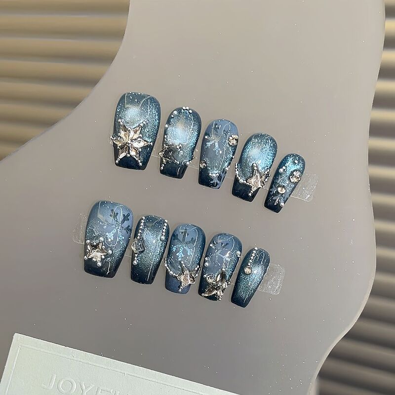 Blue Ice and Snow Blue Cat-Eye Shiny Luxurious Snowflake Handmade Wearable Nail Tips, Detachable, Pure and Gentle, for Everyday Use by Spicy Girls