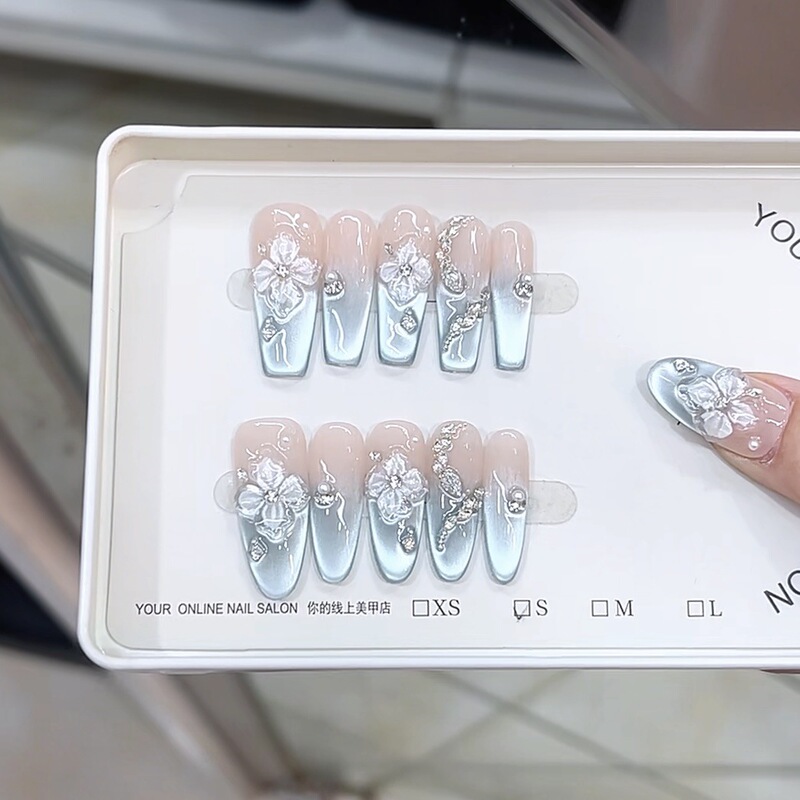 Seaside Ice Flower Handmade Wearable Nails, Three-Dimensional Hand-Painted Embossed Small Flower Nail Stickers, Ice-Transparent French Sweet Girl Fake Nails