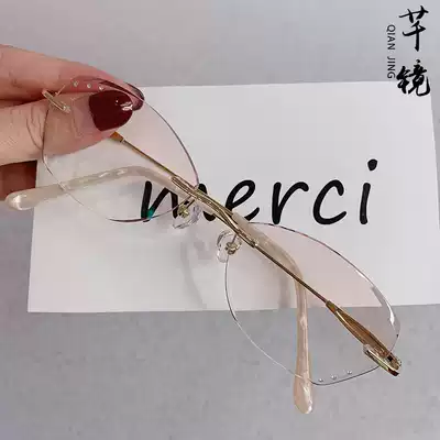 Rimless glasses female pure titanium myopia glasses trimming glasses diamond cutting degree myopia anti-blue light comfort