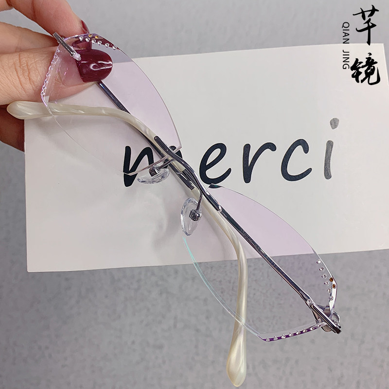 Pure titanium diamond cut edge no frame glasses Women no frame Myopia Glasses Anti Blue Light with degree cut Near-lens wave