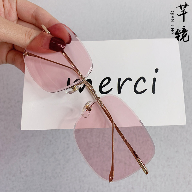 Big face diamond cut edge rimless glasses women's rimless myopia glasses pure titanium large frame light color ultra-light plain glasses