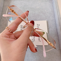 Frame-Free Myopia Glasses Female Super Light Pure Titanium Diamond Cut Edge Anti-Blue Light Temperament Champagne Inlaid Drilling Glasses Accessories