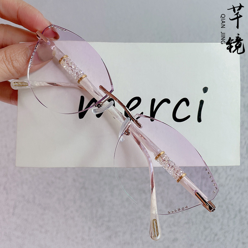 Cat ear type diamond cut edge myopia glasses female fit style elegant cat eye no frame super light anti-blue light glasses