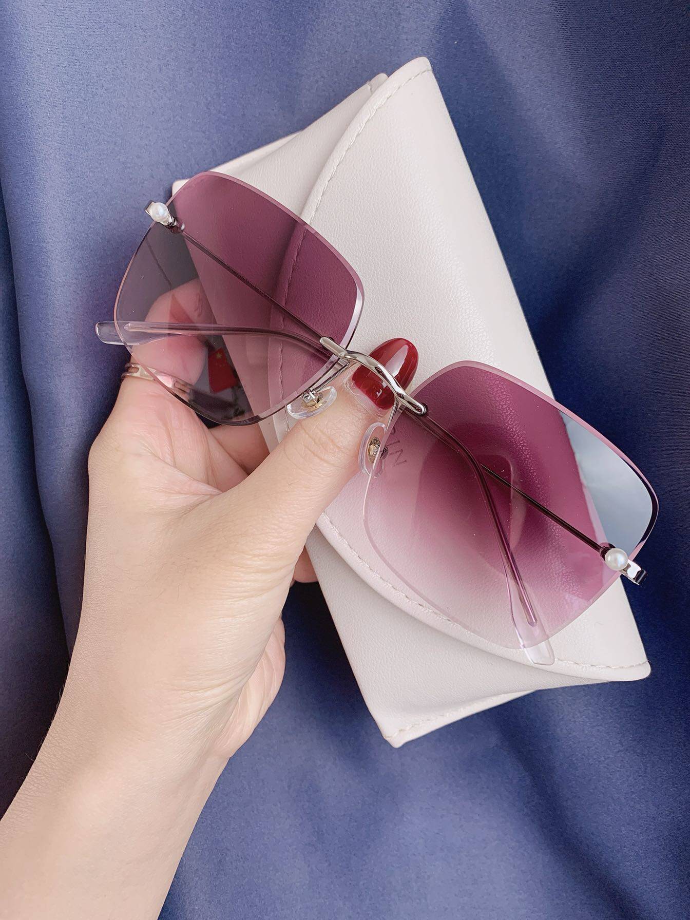 Diamond cut edge No frame sunglasses Female asymptotic color drive anti UV large face No frame with degree myopia glasses