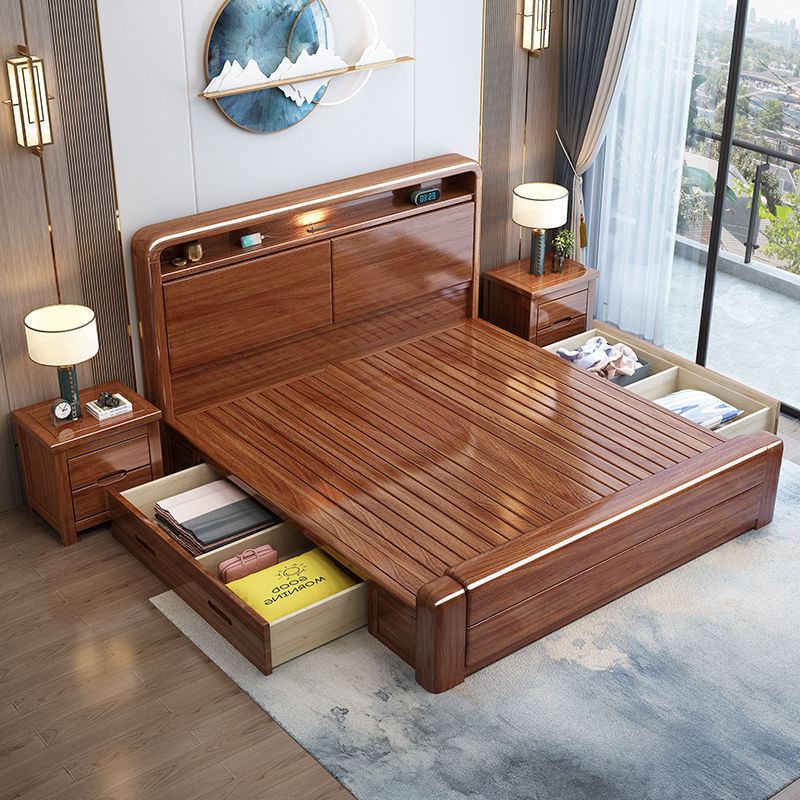 Chinese-Style Walnut Solid Wood Bed, 1.8m Double Beds for Master Bedroom, 1.5m Thickened Home-Use Drawer High-Box Storage Bed