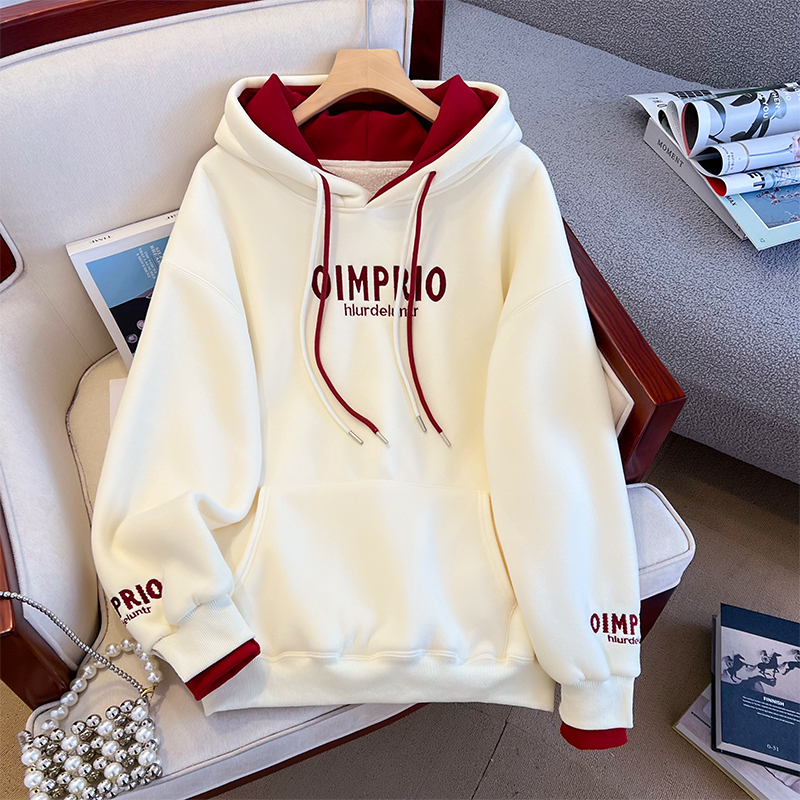 Apricot-Colored Hooded Sweatshirt for Women, 2026 Spring and Autumn New Fashion Letter Print, Lazy Style, Fake Two-Piece, Color-Blocked Long-Sleeve Top