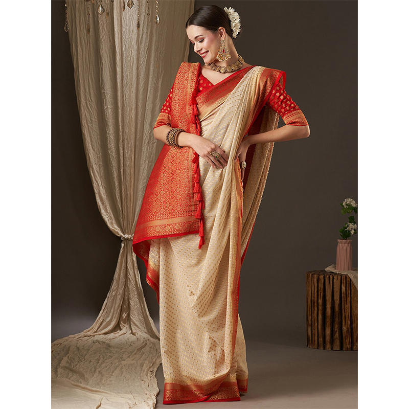 2026 Summer New Indian Sari Georgette Jacquard Off-White Red Tassel Festival Women's Wrap Dress Traditional Dress