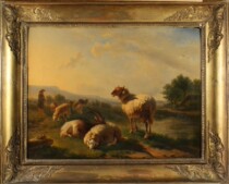 Royal Lion Fort European Antique Oil Painting 19th Century landscape Animal Oil by Eugene Joseph Webch